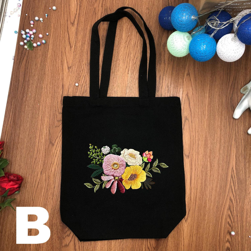  Embroidery Black And White Canvas Bag Kits | Diy Floral Crafts | Handmake Gift For Friends - Black - B - image 4