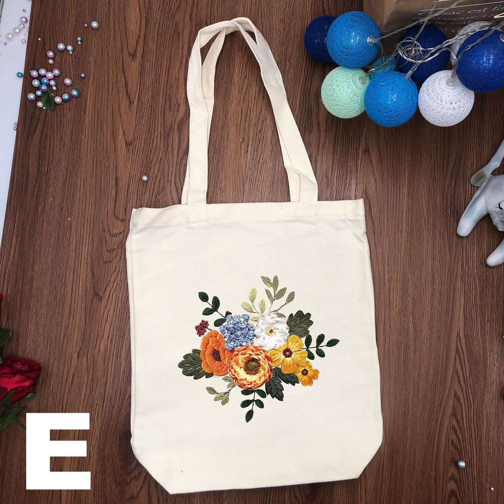  Embroidery Black And White Canvas Bag Kits | Diy Floral Crafts | Handmake Gift For Friends - White - E - image 9