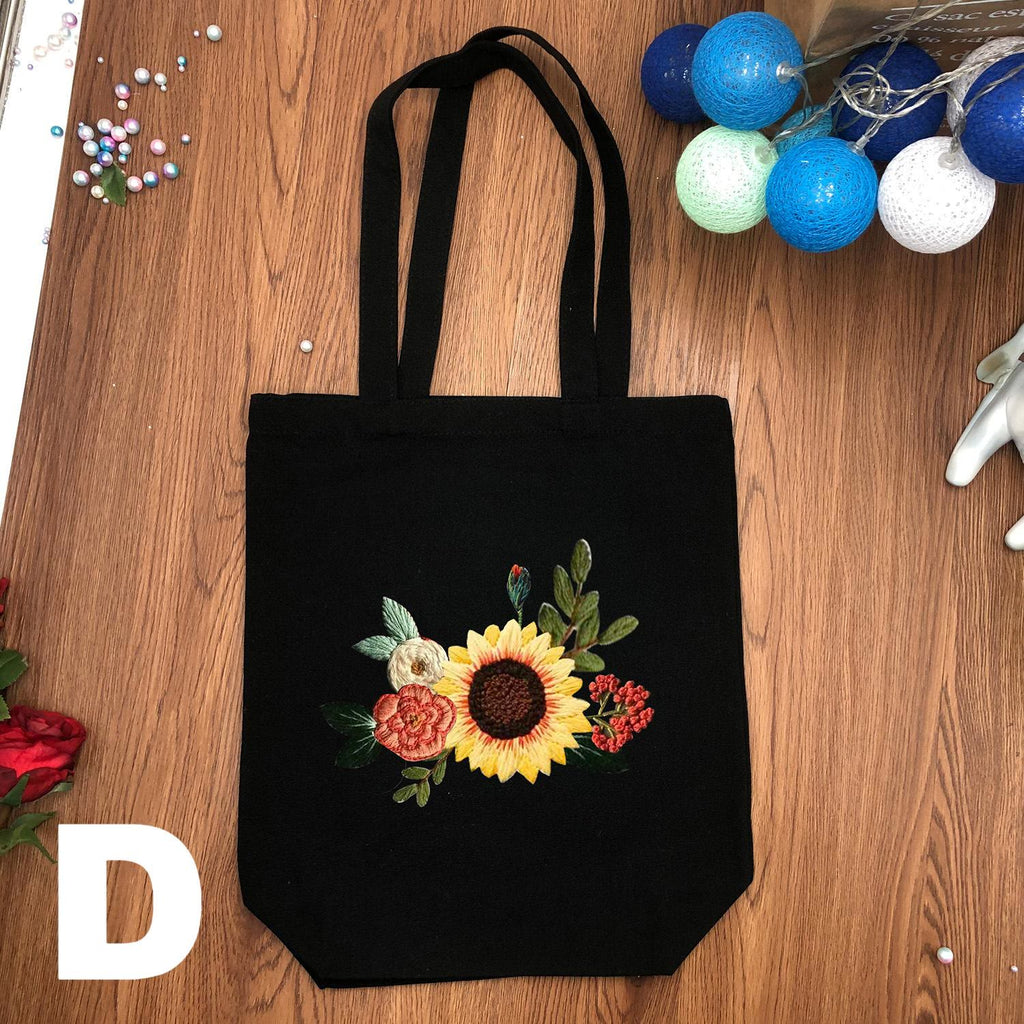  Embroidery Black And White Canvas Bag Kits | Diy Floral Crafts | Handmake Gift For Friends - Black - D - image 8