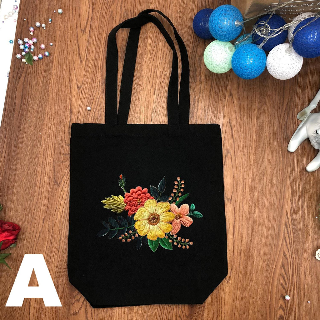  Embroidery Black And White Canvas Bag Kits | Diy Floral Crafts | Handmake Gift For Friends - Black - A - image 2