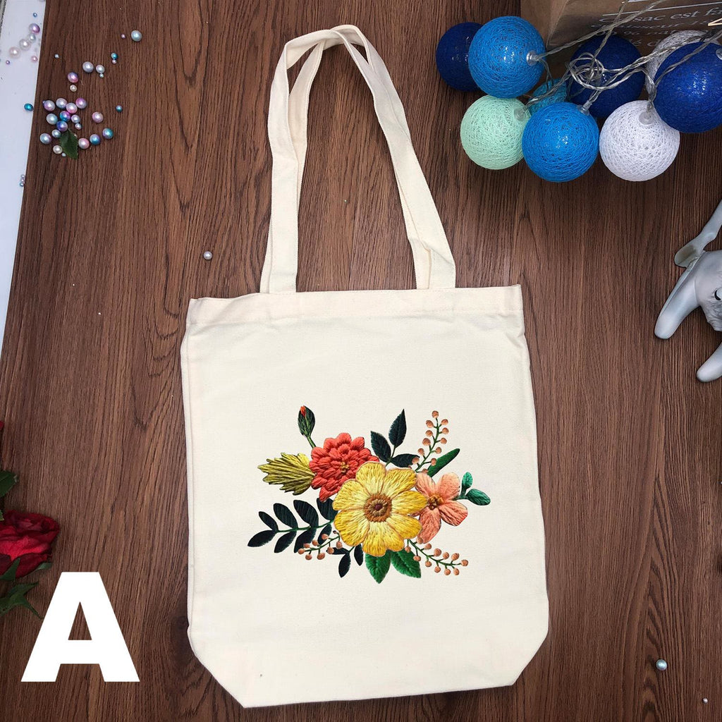  Embroidery Black And White Canvas Bag Kits | Diy Floral Crafts | Handmake Gift For Friends - White - A - image 1