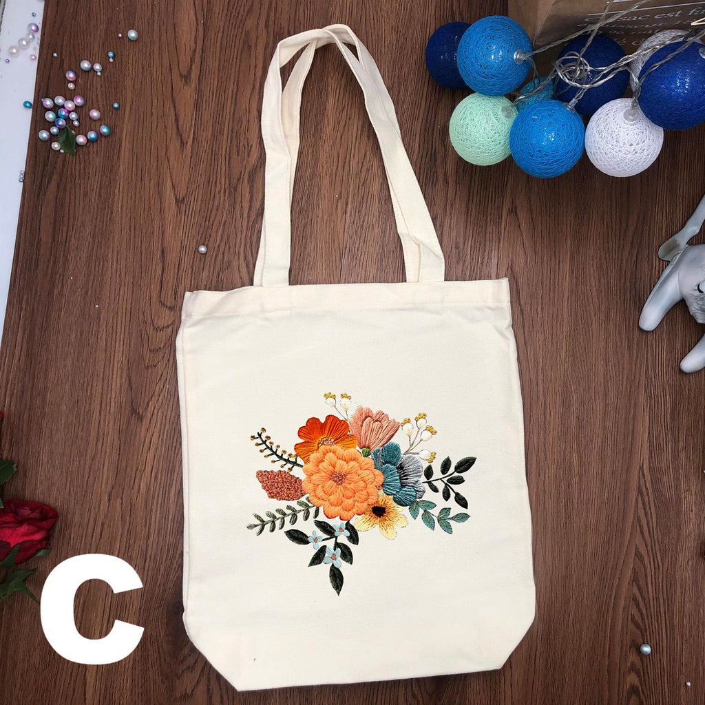  Embroidery Black And White Canvas Bag Kits | Diy Floral Crafts | Handmake Gift For Friends - White - C - image 5