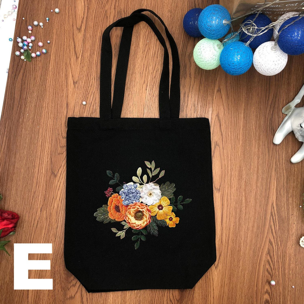  Embroidery Black And White Canvas Bag Kits | Diy Floral Crafts | Handmake Gift For Friends - Black - E - image 10