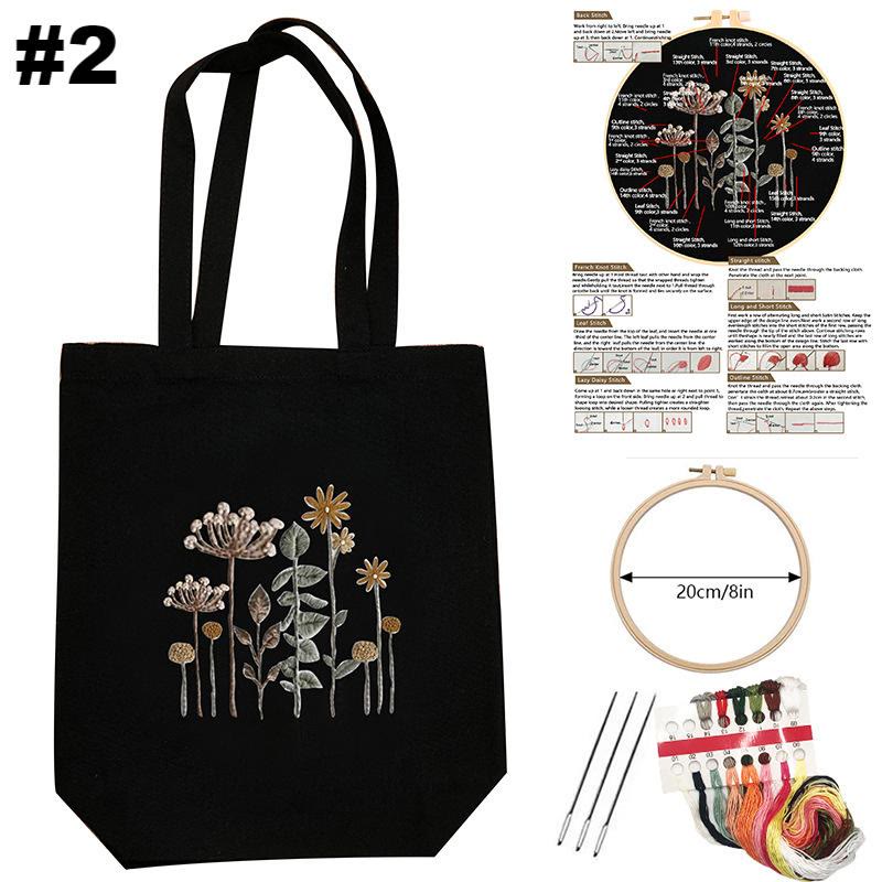  Embroidery Black Canvas Bag Kits | Diy Floral Tote Bag | Beginner-friendly Handicraft - #2 - image 2