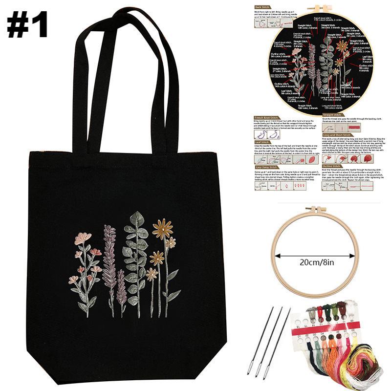  Embroidery Black Canvas Bag Kits | Diy Floral Tote Bag | Beginner-friendly Handicraft - #1 - image 1