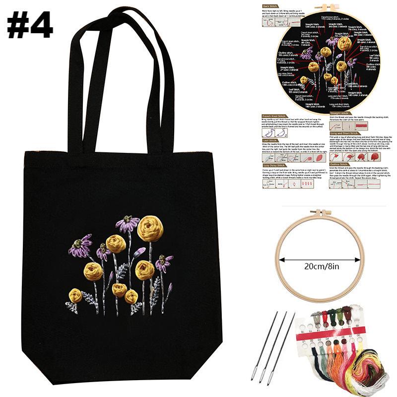  Embroidery Black Canvas Bag Kits | Diy Floral Tote Bag | Beginner-friendly Handicraft - #4 - image 4