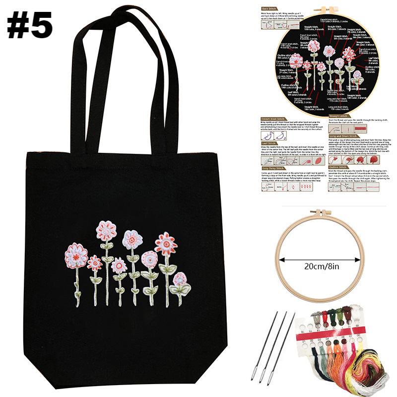  Embroidery Black Canvas Bag Kits | Diy Floral Tote Bag | Beginner-friendly Handicraft - #5 - image 5