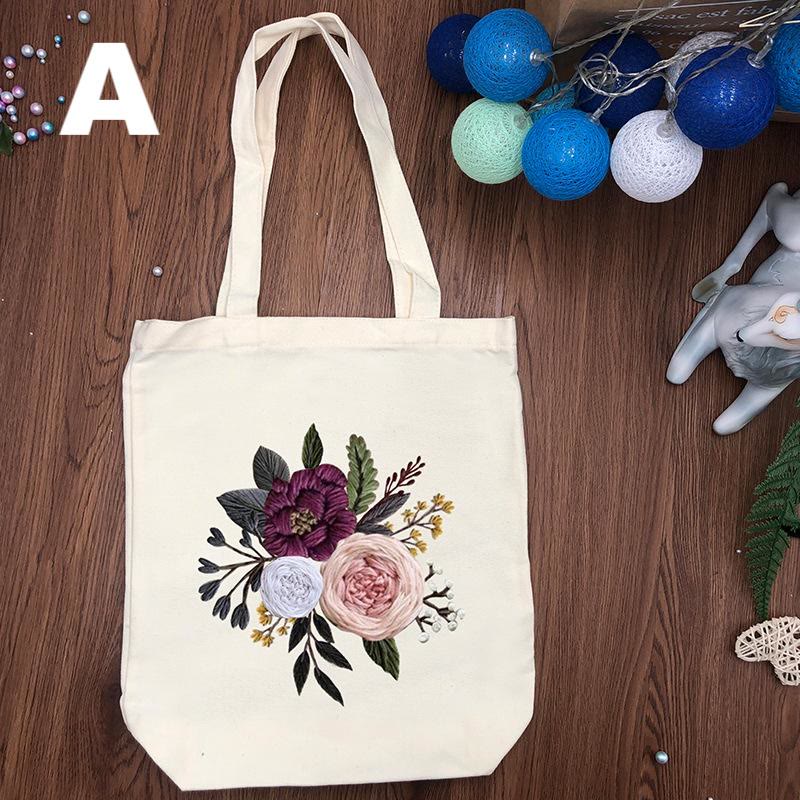  Embroidery Black And White Canvas Bag Kits | Diy Shoulder Bag | Creative Flower Handicraft - White - A - image 1
