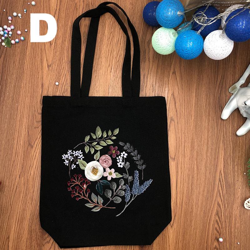  Embroidery Black And White Canvas Bag Kits | Diy Shoulder Bag | Creative Flower Handicraft - Black - D - image 8