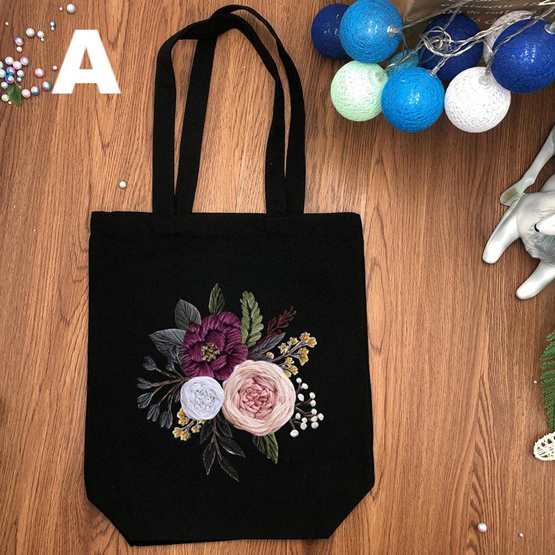  Embroidery Black And White Canvas Bag Kits | Diy Shoulder Bag | Creative Flower Handicraft - Black - A - image 2