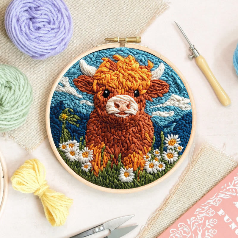 Highland Cattle Punch Needle Kit - Daisy Flower Craft | Easy Starter Set - image 1