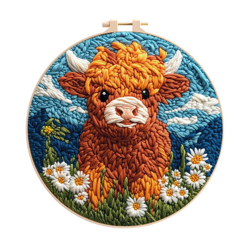Highland Cattle Punch Needle Kit - Daisy Flower Craft | Easy Starter Set - Highland Cattle Punch Needle Kit - image 0