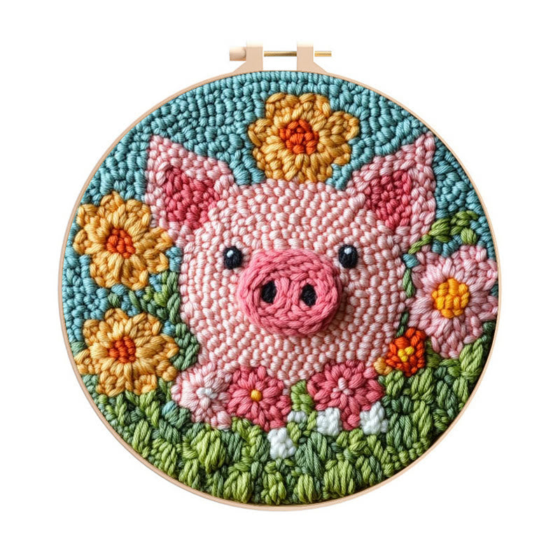Floral Pig Punch Needle Kit - Adorable Animal Needlework | Nice Handmake Gift  - Floral Pig Punch Needle Kit - image 0