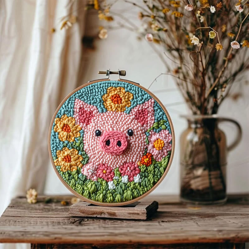 Floral Pig Punch Needle Kit - Adorable Animal Needlework | Nice Handmake Gift  - image 5