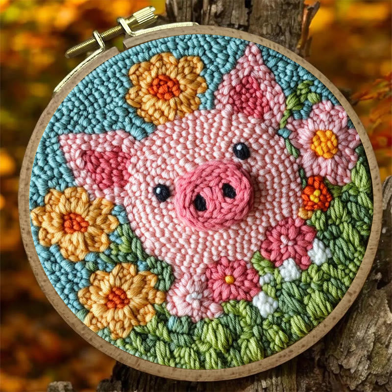 Floral Pig Punch Needle Kit - Adorable Animal Needlework | Nice Handmake Gift  - image 1