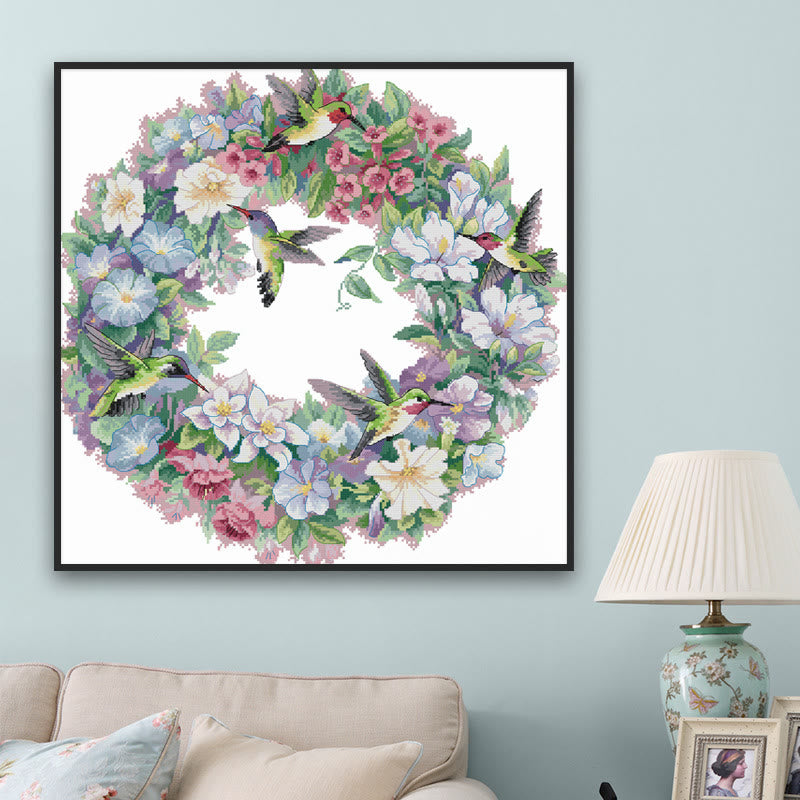 Cross Stitch Kit - Hummingbirds With Wreath | Easy Needlework Set  - image 1