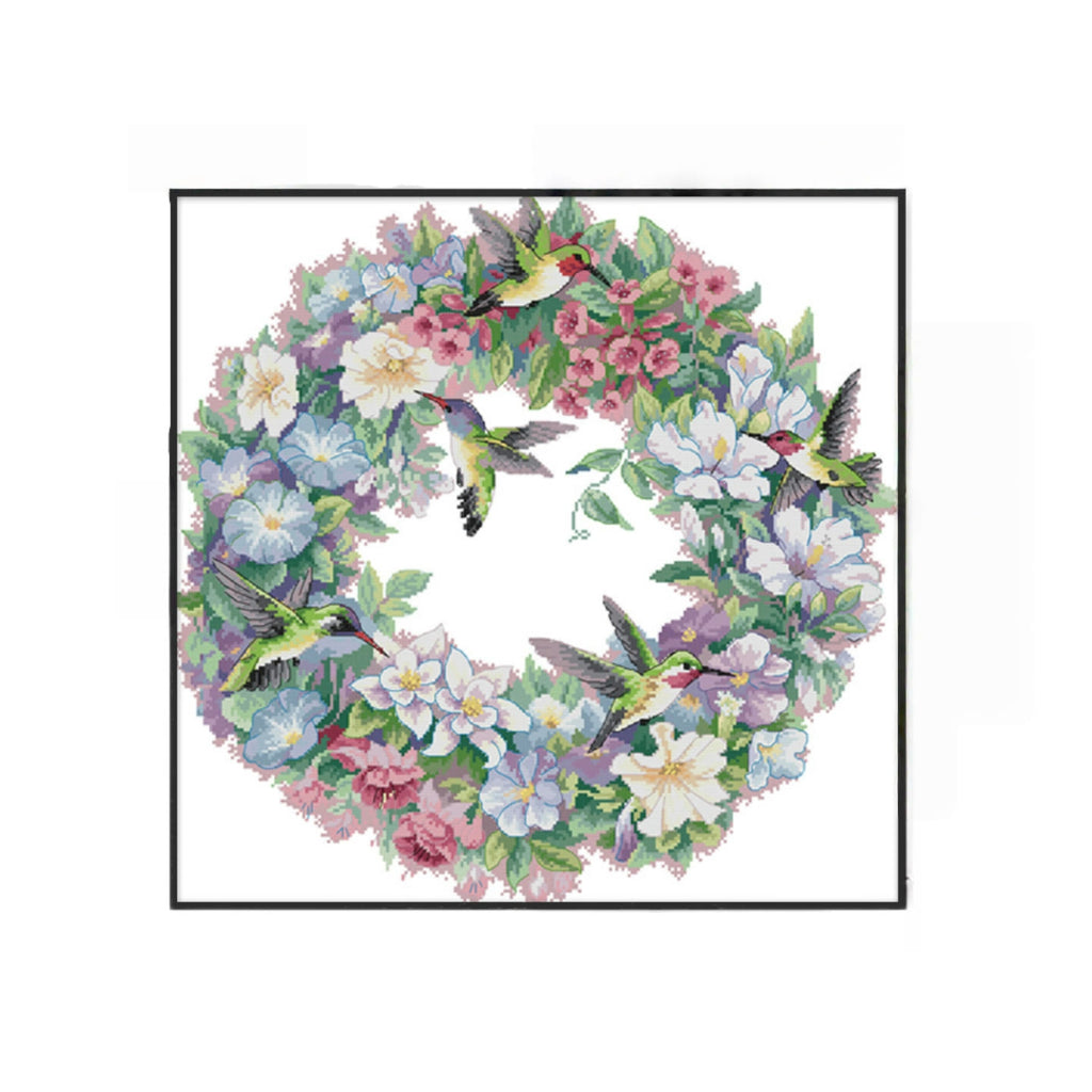 Cross Stitch Kit - Hummingbirds With Wreath | Easy Needlework Set  - Hummingbirds With Wreath - image 0