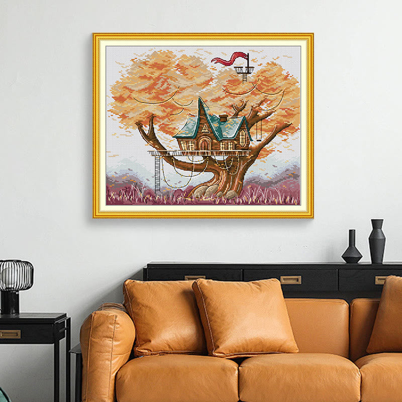 Cross Stitch Kit - Cozy Tree House | Handmake Landscape Ornament - image 1