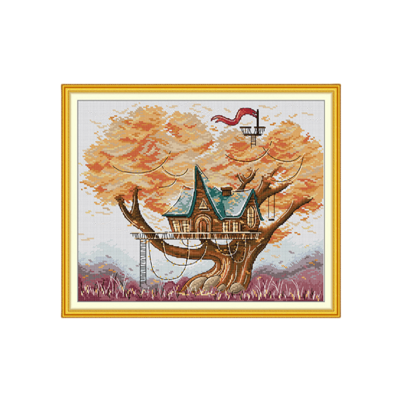 Cross Stitch Kit - Cozy Tree House | Handmake Landscape Ornament - Cozy Tree House - image 0