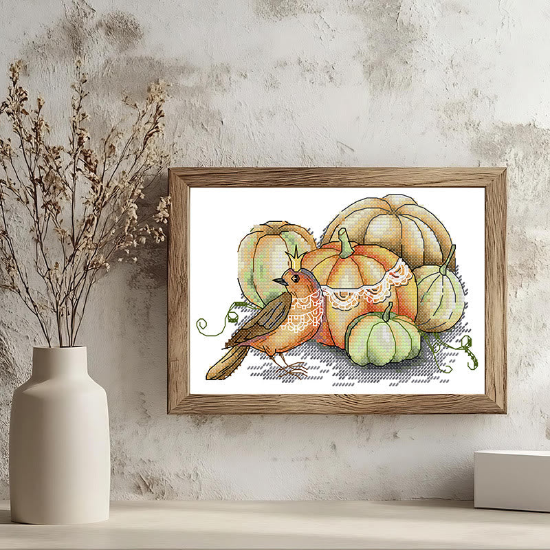 Cross Stitch Kit - Bird And Pumpkin | Beginner Handicraft Set - image 1