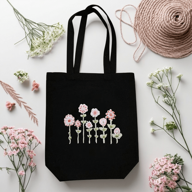  Embroidery Black Canvas Bag Kits | Diy Floral Tote Bag | Beginner-friendly Handicraft - image 0