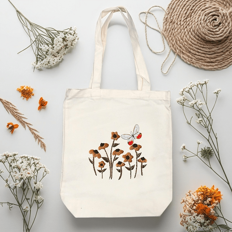  Embroidery White Canvas Bag Kits | Aesthetic Flower Design Bag | Nice Gifts For Her - image 0
