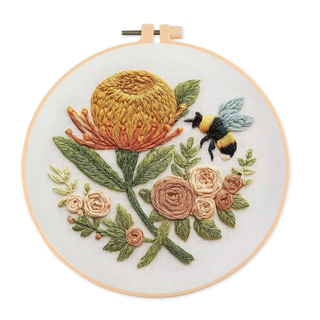 Rubbyoo Embroidery Kit - Charming Flowers With Bee |  Great Room Decor - 20*20cm - image 0