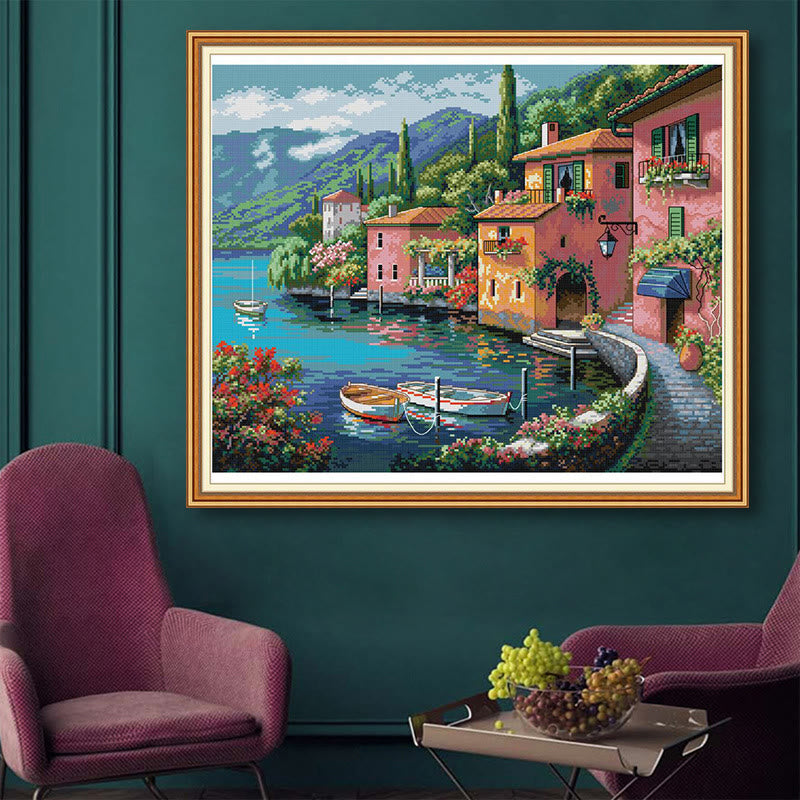 Cross Stitch Kit - Seaside Town | Landscape Home Wall Decor - image 2