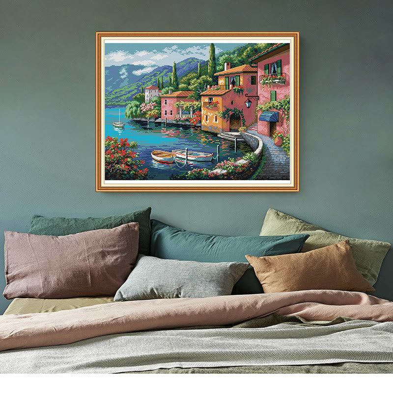 Cross Stitch Kit - Seaside Town | Landscape Home Wall Decor - image 1