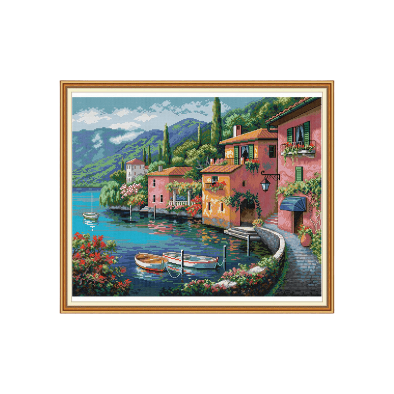 Cross Stitch Kit - Seaside Town | Landscape Home Wall Decor - Seaside Town - image 0