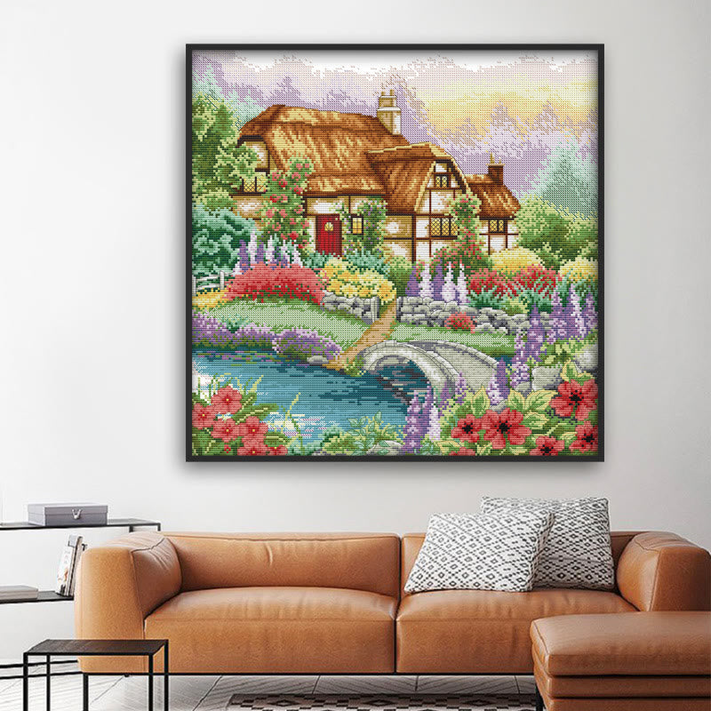 Cross Stitch Kit - Beautiful Flowers Cabin | Handmade Room Ornament - image 1