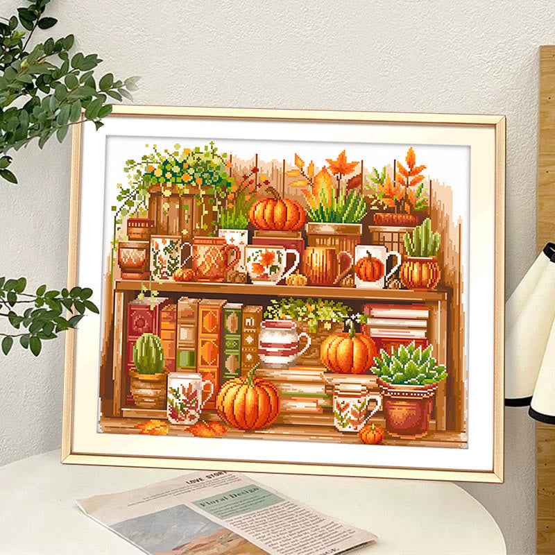 Cross Stitch Kit - Autumn Pumpkin Bookshelf | Housewarming Gifts | Holiday Decor  - image 3