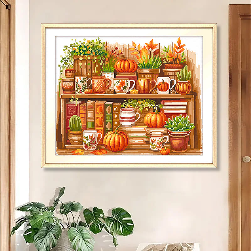 Cross Stitch Kit - Autumn Pumpkin Bookshelf | Housewarming Gifts | Holiday Decor  - image 2