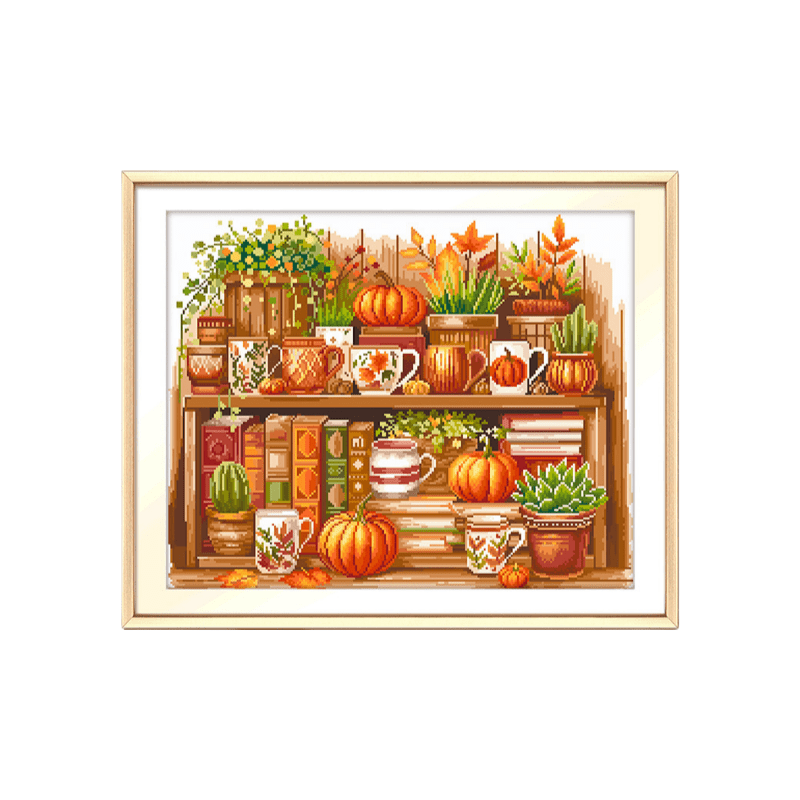 Cross Stitch Kit - Autumn Pumpkin Bookshelf | Housewarming Gifts | Holiday Decor  - Autumn Pumpkin Bookshelf - image 0