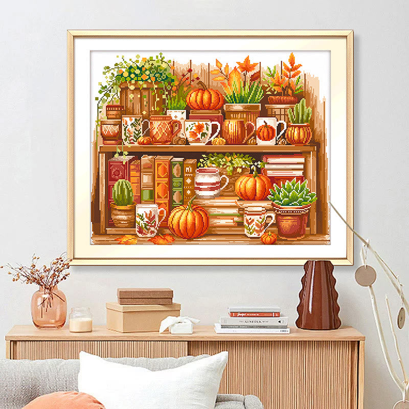 Cross Stitch Kit - Autumn Pumpkin Bookshelf | Housewarming Gifts | Holiday Decor  - image 1
