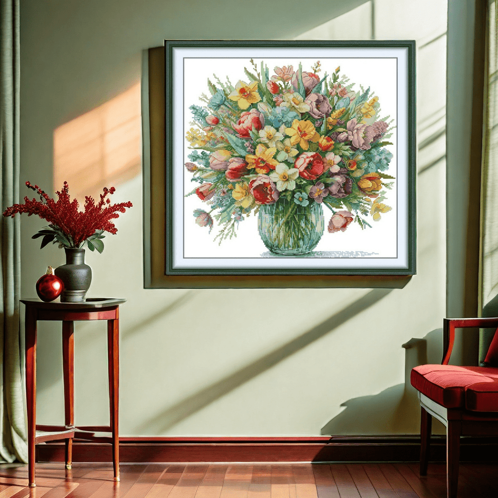 Cross Stitch Kit - Blooming Flowers | Diy Hanging Paintings | Gifts For Flowers Lovers - image 1