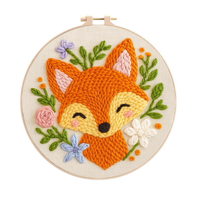  Smiling Fox Punch Needle  Kit - Cute Animal Artwork | Nice Diy Gifts - 20cm*20cm - image 0