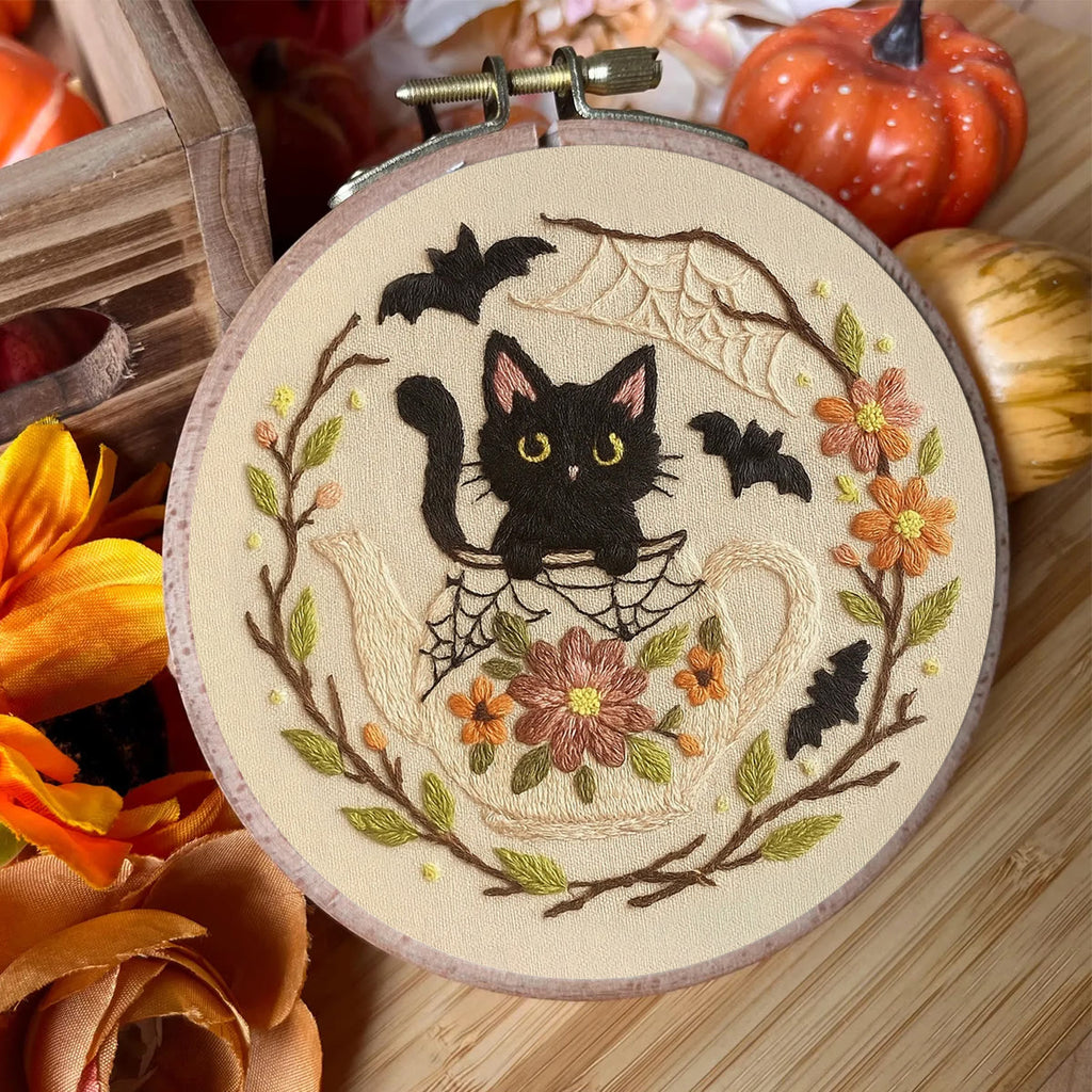 Rubbyoo Embroidery Kit - Halloween Cat Teapot | Perfect For Holiday Gifts  - image 1