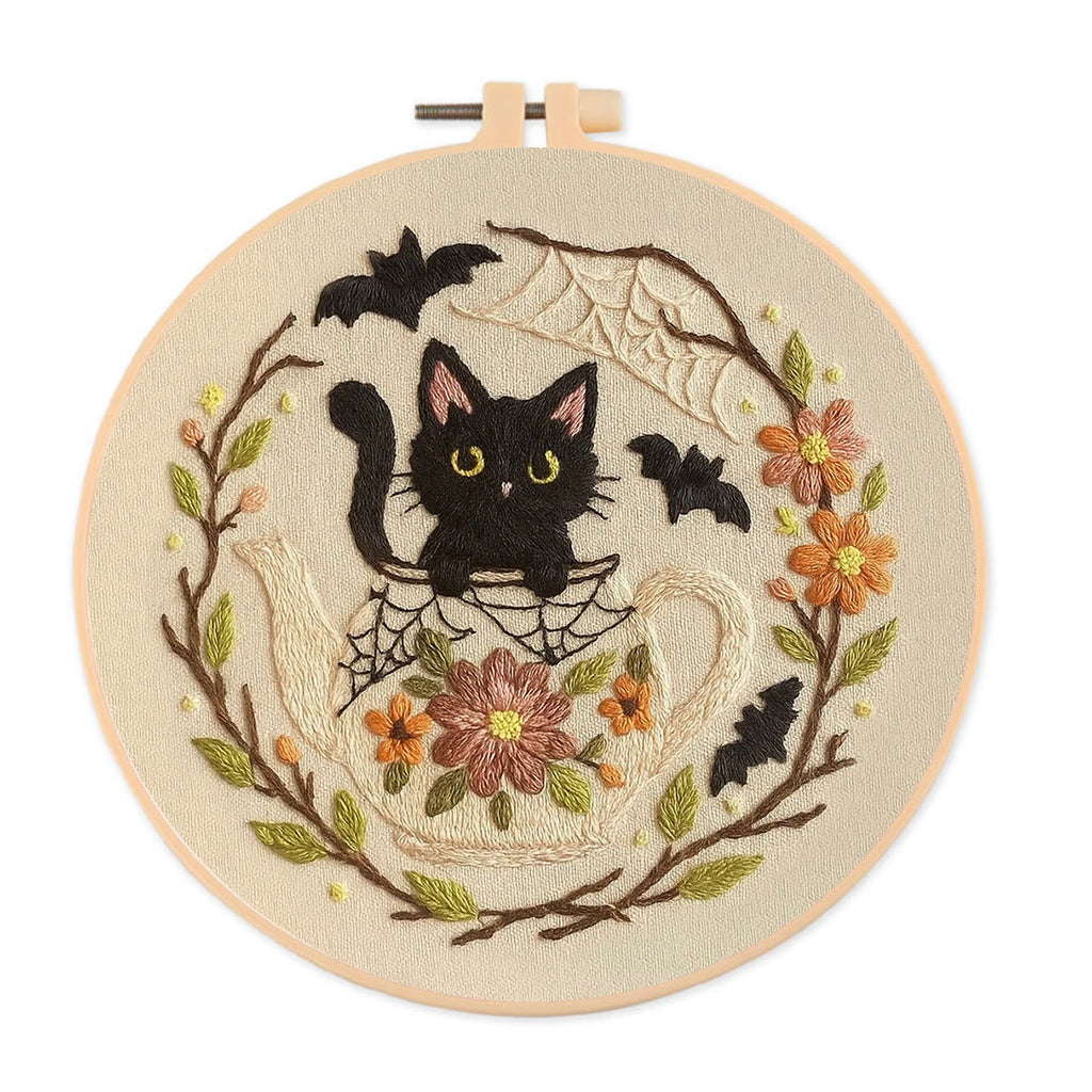 Rubbyoo Embroidery Kit - Halloween Cat Teapot | Perfect For Holiday Gifts  - 20*20cm - image 0