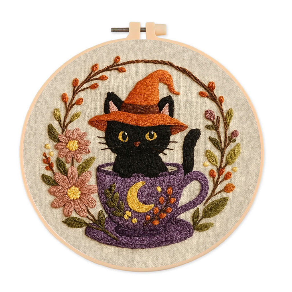Rubbyoo Embroidery Kit - Halloween Kitten Cup | Unique  Halloween Decoration  - 20*20cm - image 0