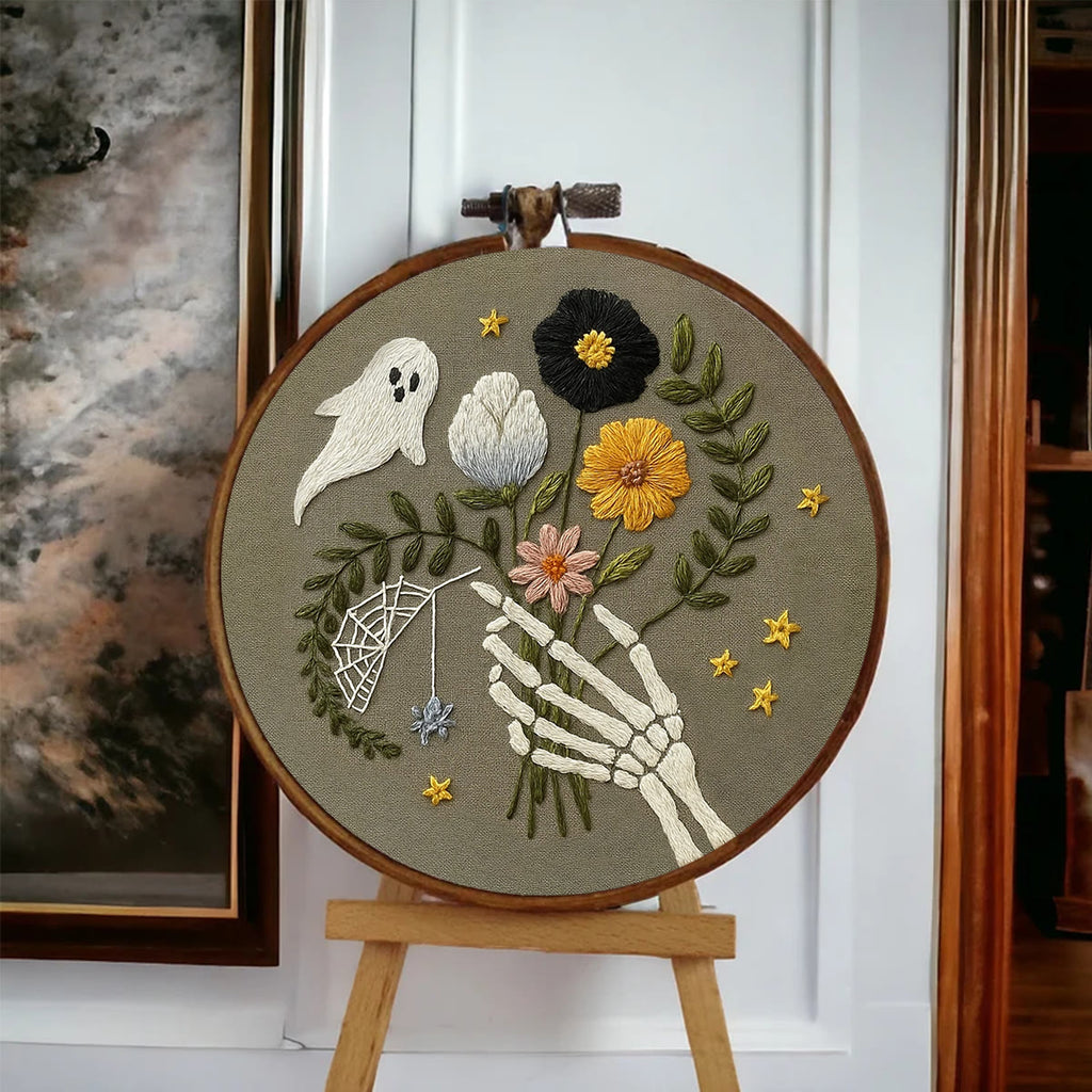 Rubbyoo Embroidery Kit - Skull Bouquet | Halloween Skeletons Handicraft  - image 1