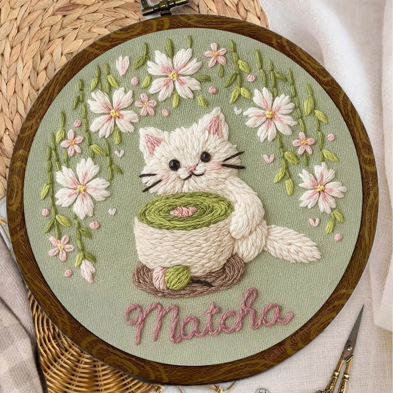 Rubbyoo Embroidery Kit - Tea Time & Cat Embroidery Pattern (Matcha Latte) | Easy Beginner - image 1
