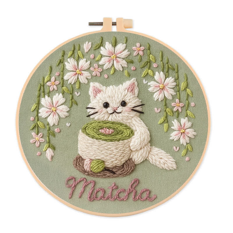 Rubbyoo Embroidery Kit - Tea Time & Cat Embroidery Pattern (Matcha Latte) | Easy Beginner - 20*20cm - image 0