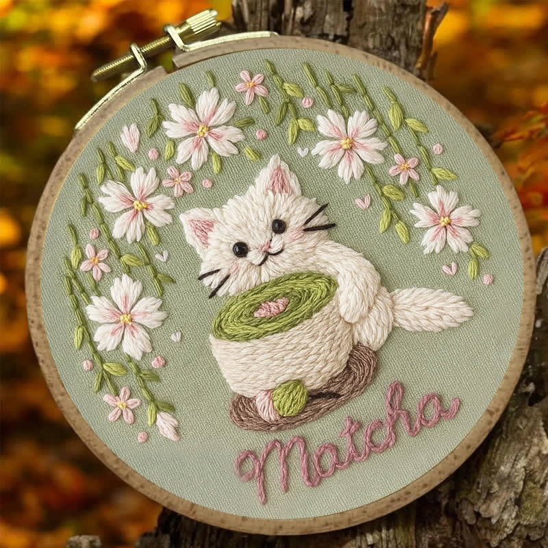 Rubbyoo Embroidery Kit - Tea Time & Cat Embroidery Pattern (Matcha Latte) | Easy Beginner - image 5