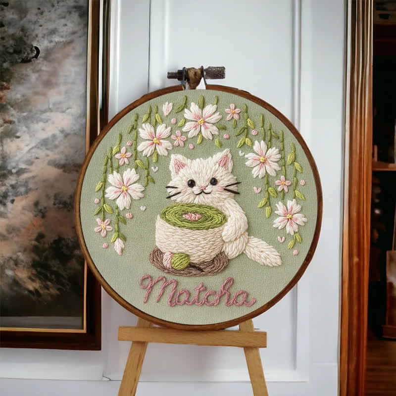 Rubbyoo Embroidery Kit - Tea Time & Cat Embroidery Pattern (Matcha Latte) | Easy Beginner - image 2