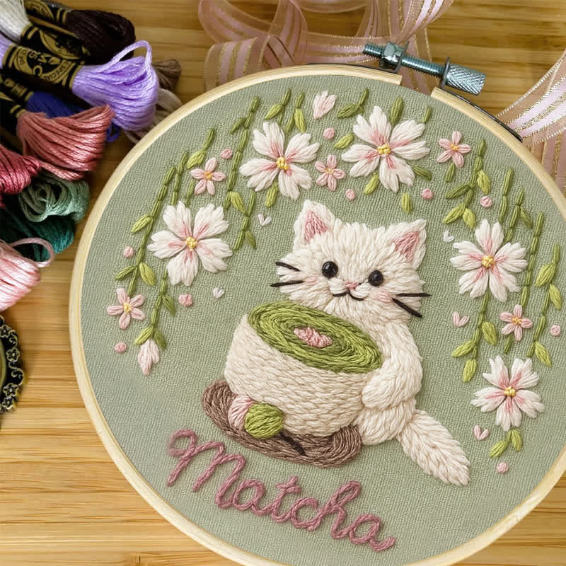 Rubbyoo Embroidery Kit - Tea Time & Cat Embroidery Pattern (Matcha Latte) | Easy Beginner - image 6