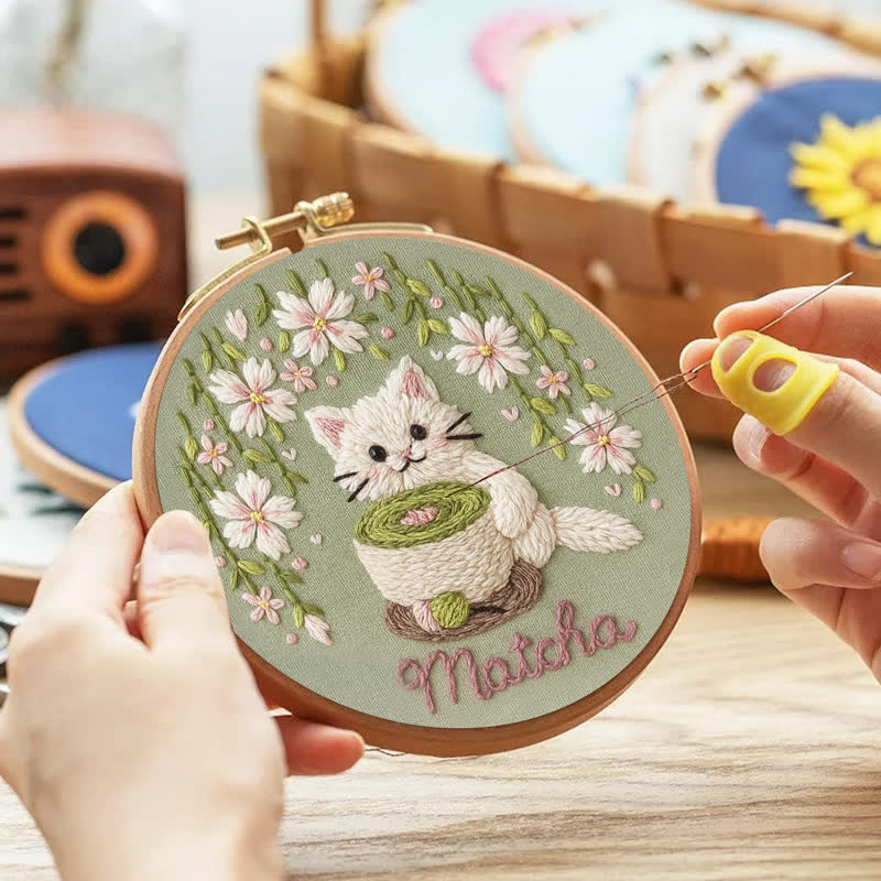 Rubbyoo Embroidery Kit - Tea Time & Cat Embroidery Pattern (Matcha Latte) | Easy Beginner - image 3