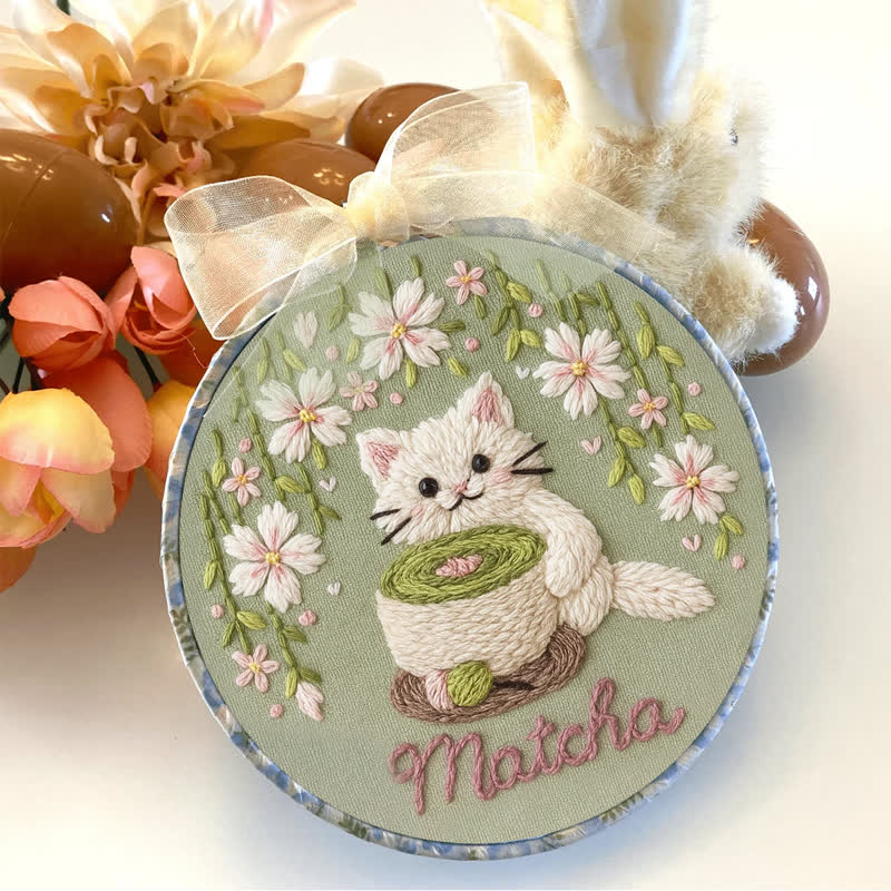Rubbyoo Embroidery Kit - Tea Time & Cat Embroidery Pattern (Matcha Latte) | Easy Beginner - image 7
