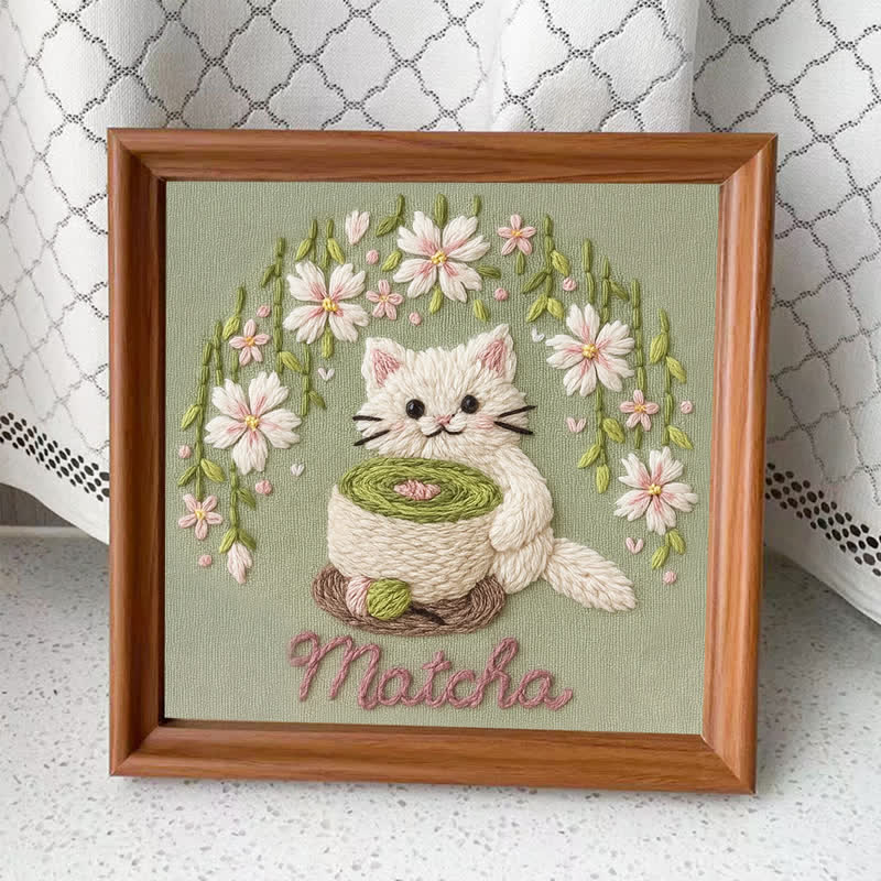 Rubbyoo Embroidery Kit - Tea Time & Cat Embroidery Pattern (Matcha Latte) | Easy Beginner - Embroidery Kit Plus An Extra Frame - image 4