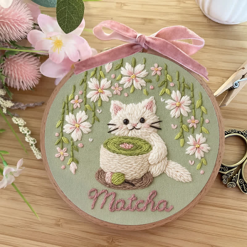 Rubbyoo Embroidery Kit - Tea Time & Cat Embroidery Pattern (Matcha Latte) | Easy Beginner - image 8
